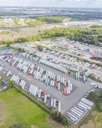 Drone shot of truck parking lot