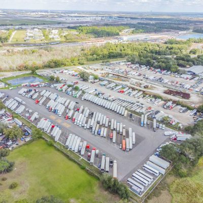 Drone shot of truck parking lot
